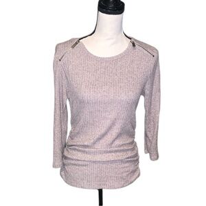 Fig & Blu Grey Ribbed Knit Sweater with Zipper Details Ruched Sides